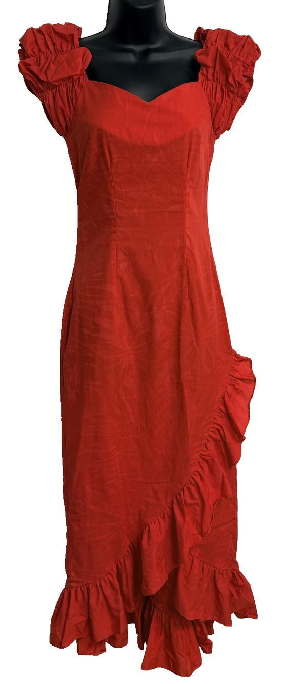 Vintage CC Fashions Hawaii Muumuu Dress Women's Red Ruffle Trim High-Low Maxi
